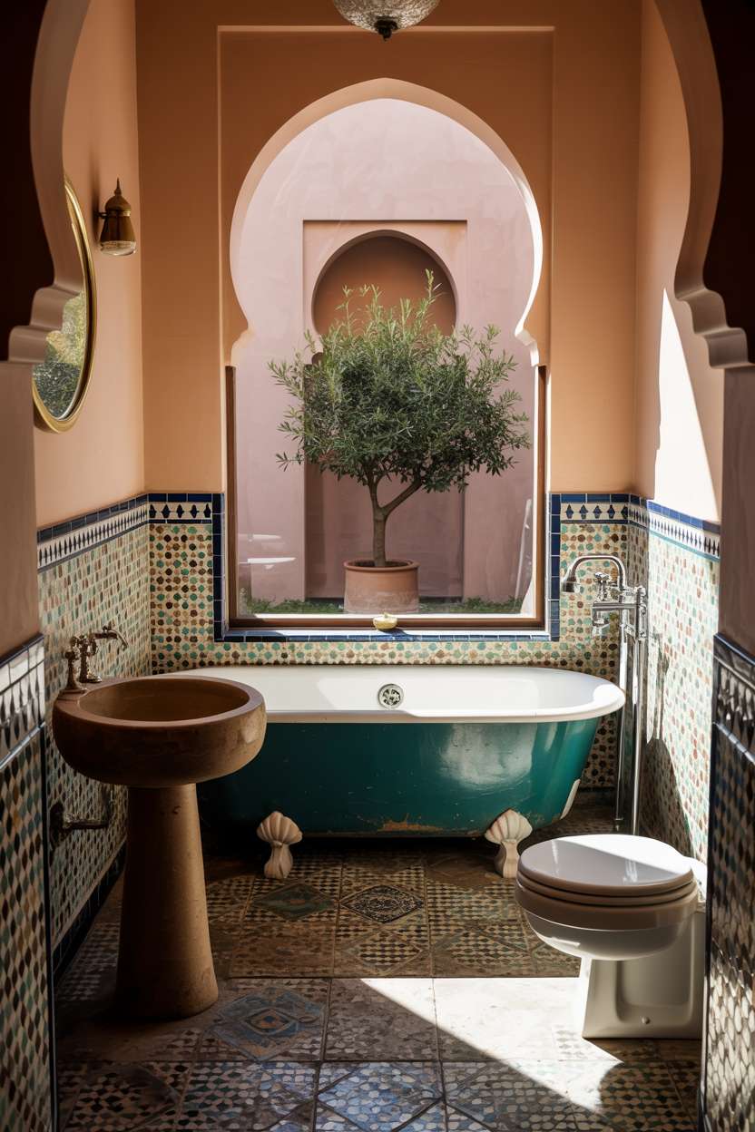 28 Stylish Moroccan Bathroom Ideas to Elevate Your Decor 8 Moroccan bathroom with clawfoot tub, arched window, and hand-painted zellige floors