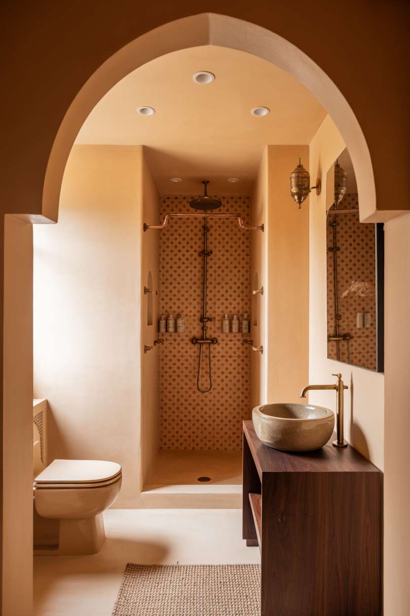 28 Stylish Moroccan Bathroom Ideas to Elevate Your Decor 9 Modern Moroccan bathroom with curved toilet, terracotta tiles, and concrete basin