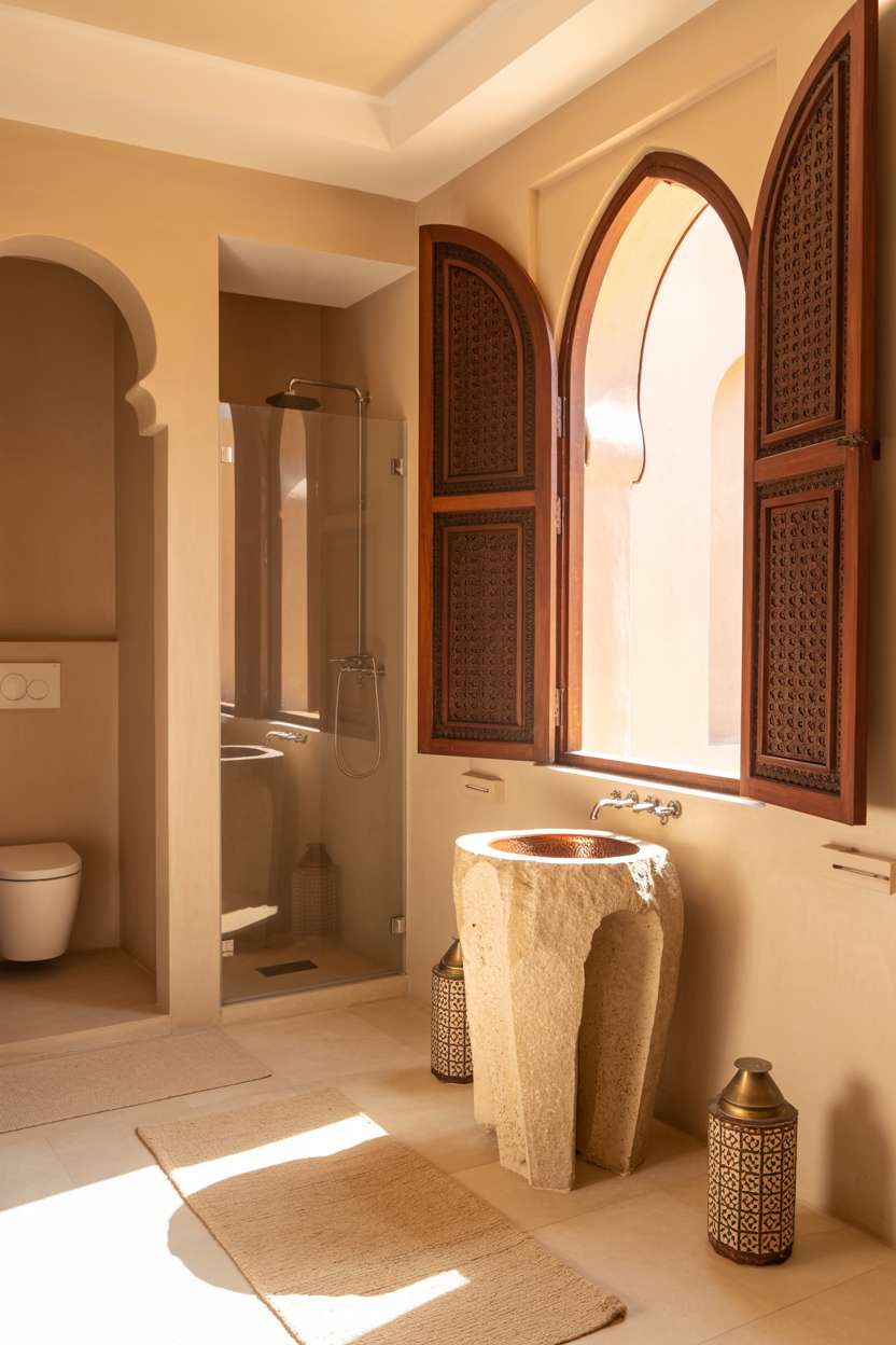 28 Stylish Moroccan Bathroom Ideas to Elevate Your Decor 10 Spacious Moroccan bathroom with stone sink, hammered copper basin, and carved shutters
