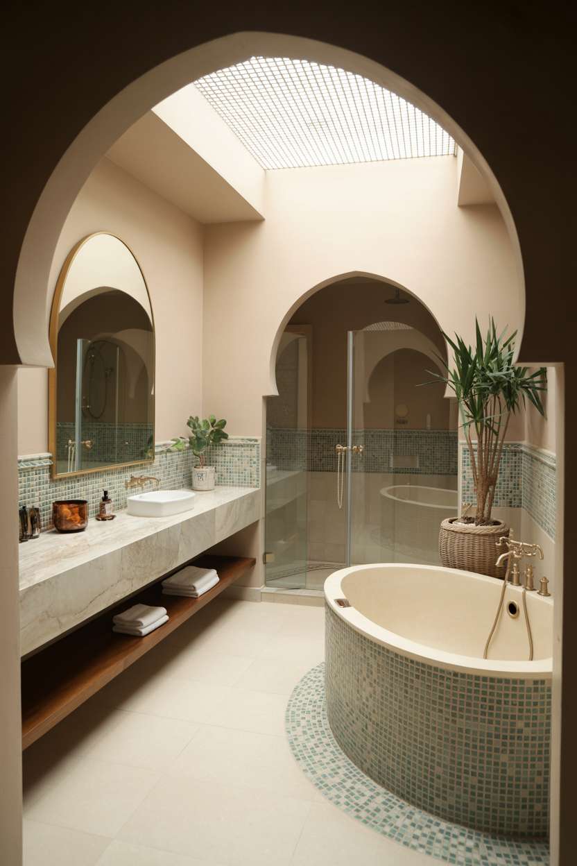 28 Stylish Moroccan Bathroom Ideas to Elevate Your Decor 12 Moroccan bathroom featuring curved soaking tub, brushed gold fixtures, and patterned skylight