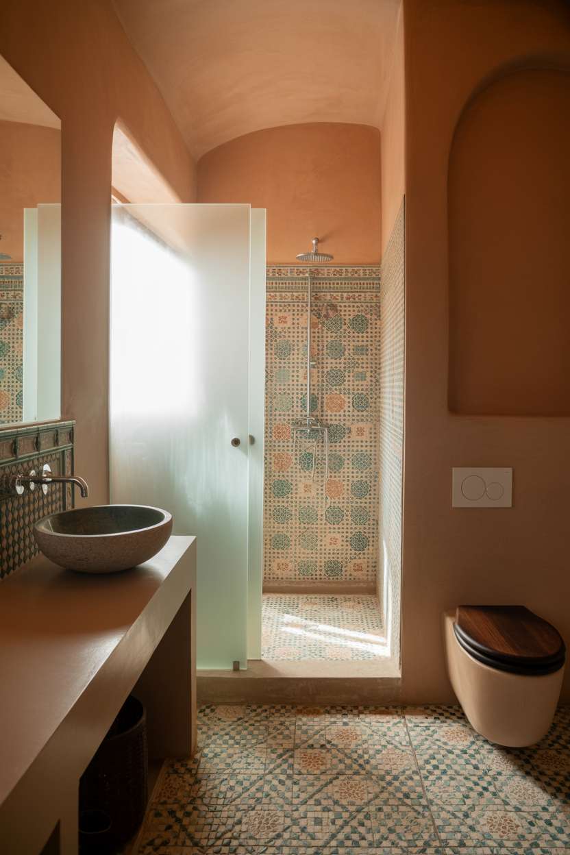 28 Stylish Moroccan Bathroom Ideas to Elevate Your Decor 13 Modern Moroccan bathroom with gray stone sink, textured plaster walls, and mosaic shower