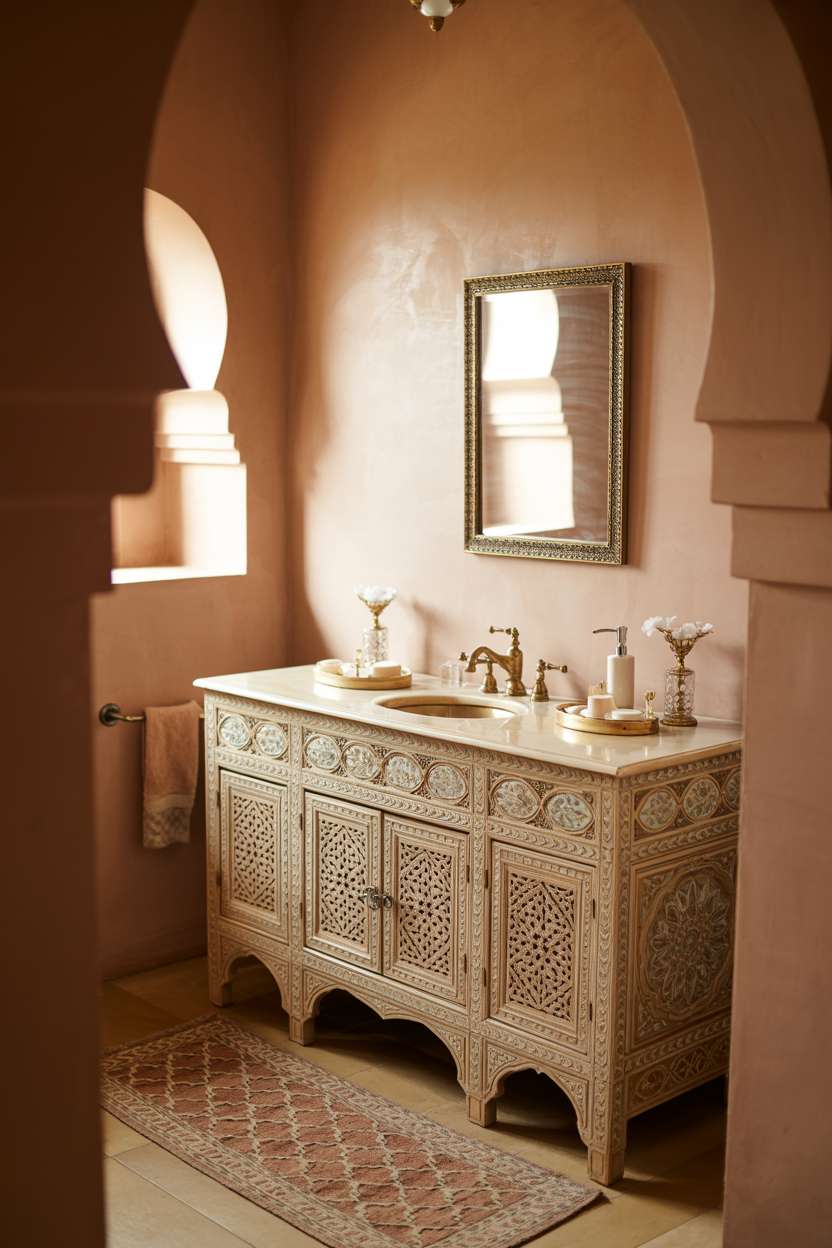 28 Stylish Moroccan Bathroom Ideas to Elevate Your Decor 14 Moroccan bathroom vanity with carved wood details, mother-of-pearl inlay, and brass hardware