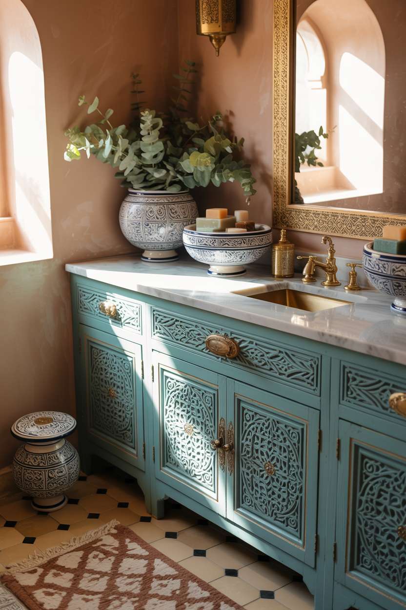 28 Stylish Moroccan Bathroom Ideas to Elevate Your Decor 15 Moroccan vanity with turquoise carved panels, marble countertop, and ceramic bowls