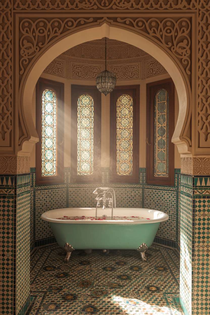 28 Stylish Moroccan Bathroom Ideas to Elevate Your Decor 17 Expansive Moroccan bathroom with mosaic tiles, clawfoot tub filled with rose petals, and stained glass
