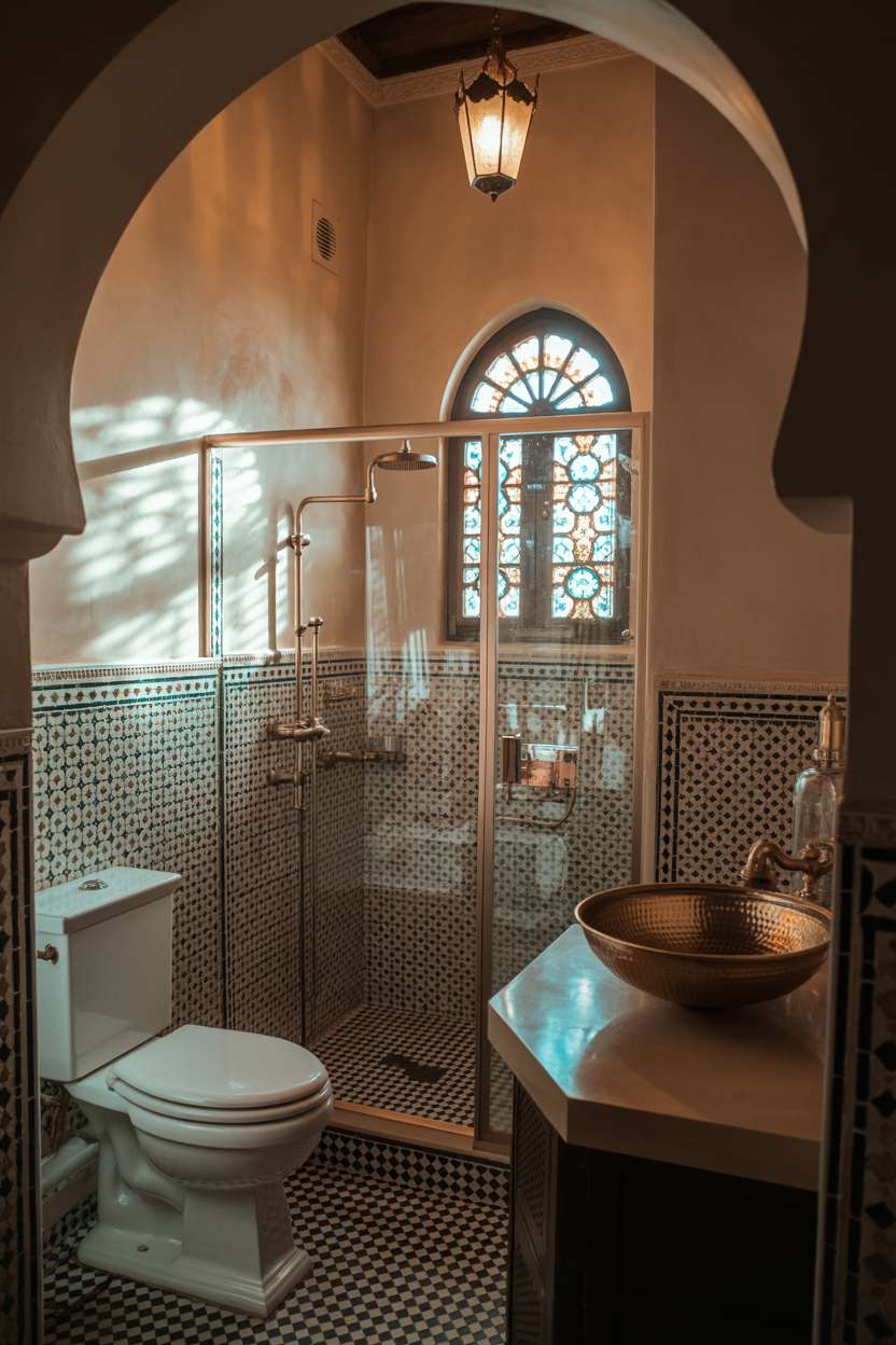 28 Stylish Moroccan Bathroom Ideas to Elevate Your Decor 19 Moroccan bathroom with stained glass window, patterned tilework, and hammered copper basin
