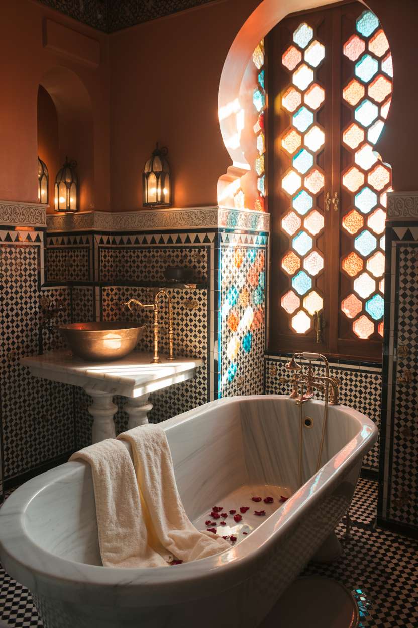 28 Stylish Moroccan Bathroom Ideas to Elevate Your Decor 20 Luxurious Moroccan bathroom with white marble soaking tub, geometric tilework, and stained glass