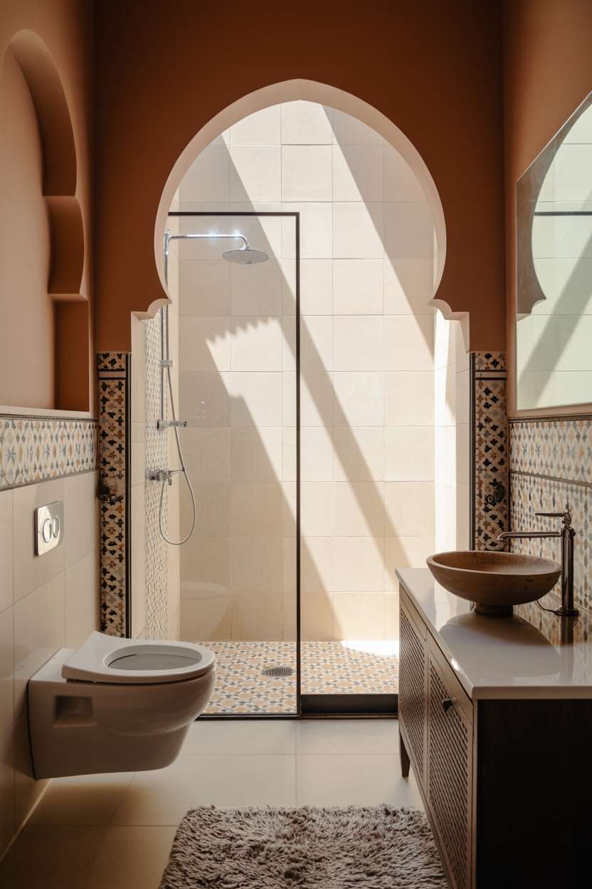 28 Stylish Moroccan Bathroom Ideas to Elevate Your Decor 21 Modern Moroccan bathroom with floating toilet, rain shower, and geometric wall patterns