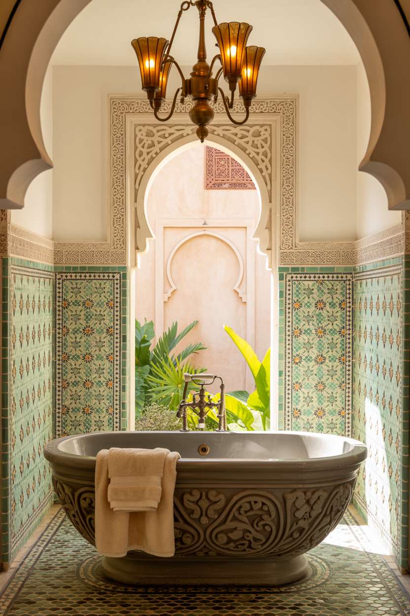 28 Stylish Moroccan Bathroom Ideas to Elevate Your Decor 22 Moroccan bathroom featuring a dark gray stone tub with carved floral patterns and a brass chandelier