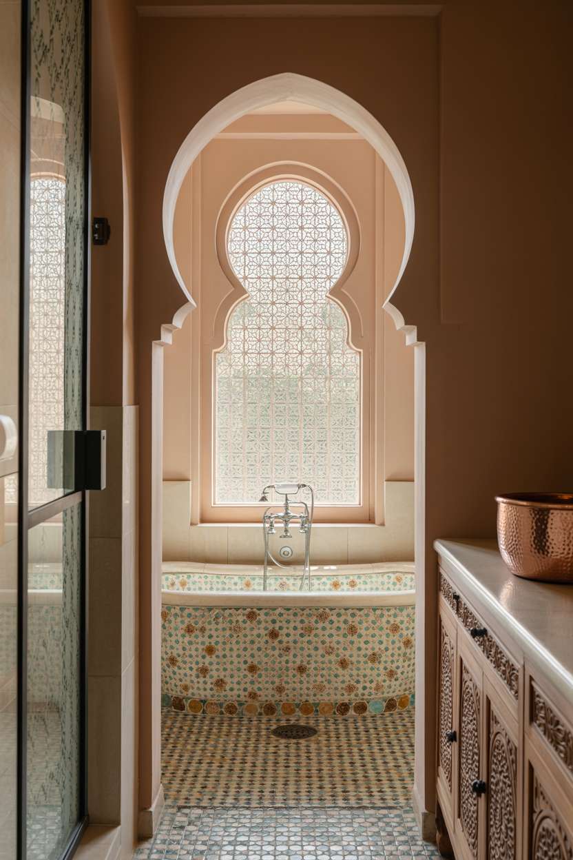 28 Stylish Moroccan Bathroom Ideas to Elevate Your Decor 23 Moroccan bathroom with central mosaic soaking tub, carved wooden vanity, and arched window