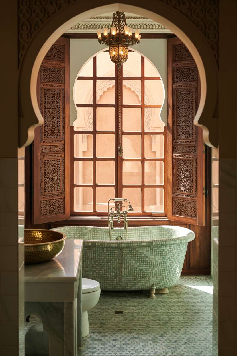 28 Stylish Moroccan Bathroom Ideas to Elevate Your Decor 24 Luxurious Moroccan bathroom with turquoise tile soaking tub, carved screens, and brass chandelier