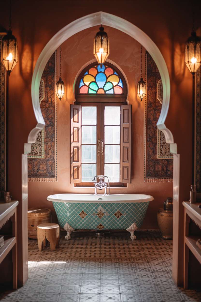 28 Stylish Moroccan Bathroom Ideas to Elevate Your Decor 25 Moroccan inspired bathroom with clawfoot tub, stained glass window, and terracotta walls