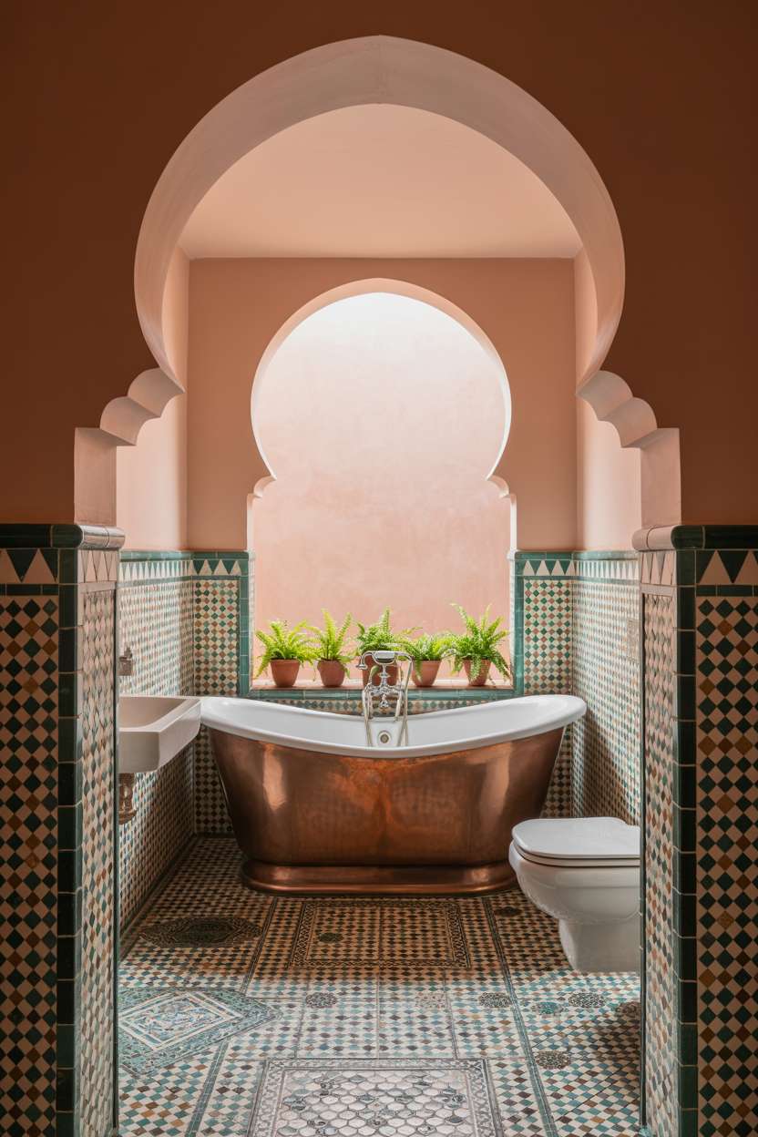 28 Stylish Moroccan Bathroom Ideas to Elevate Your Decor 26 Moroccan bathroom with copper bathtub, mosaic tilework, and potted ferns on windowsill