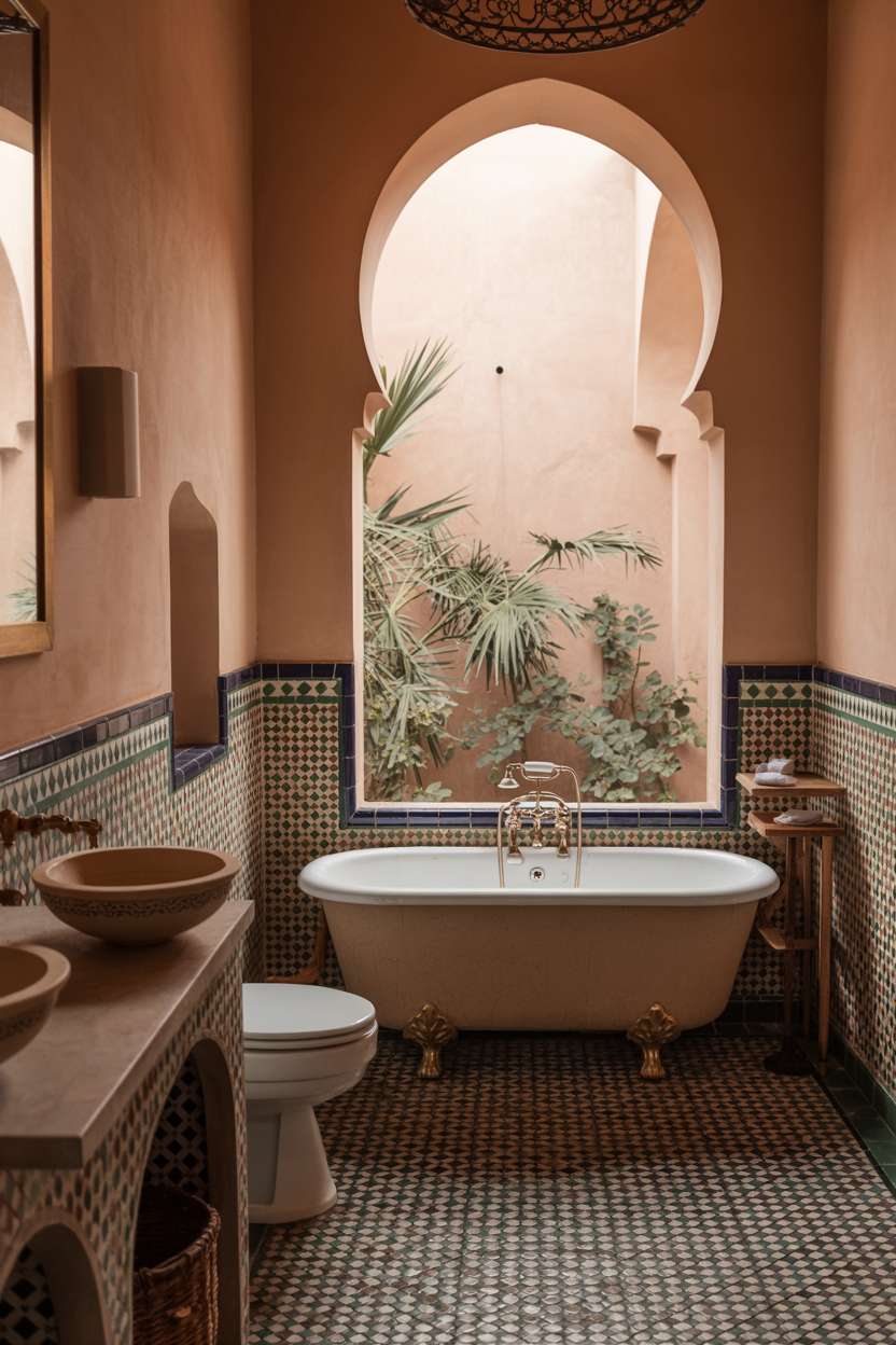 28 Stylish Moroccan Bathroom Ideas to Elevate Your Decor 27 Spacious Moroccan bathroom with clawfoot tub, brass fixtures, and lush courtyard garden view