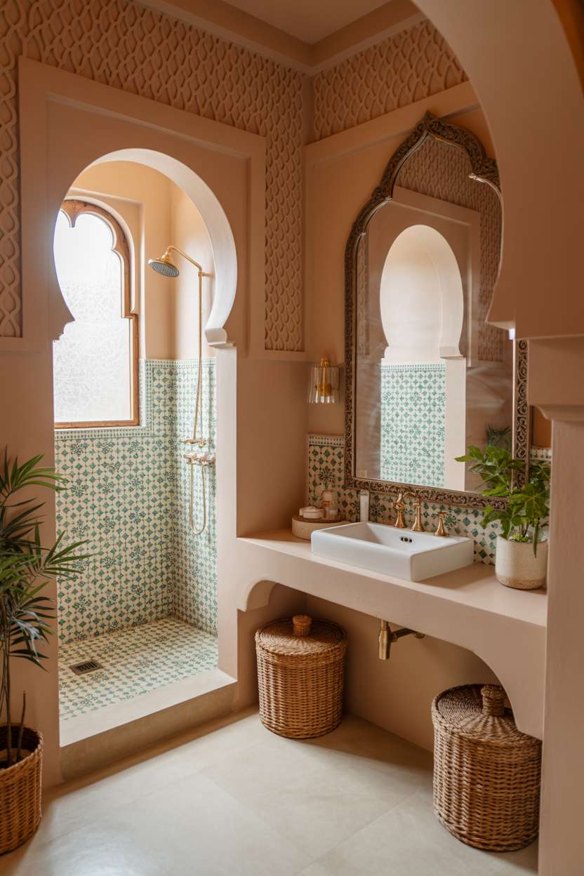 28 Stylish Moroccan Bathroom Ideas to Elevate Your Decor 28 Moroccan bathroom with rounded archway, turquoise shower tiles, and brass fixtures