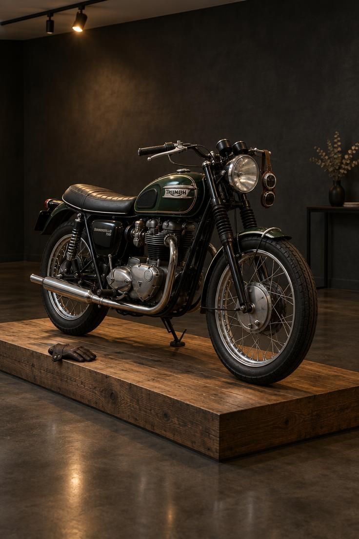 10 Cool Motorcycle Man Cave Ideas That Feel Like a Ride 1 A vintage motorcycle displayed on a low reclaimed oak platform in a charcoal-walled room, lit by a single warm track light with an empty polished concrete floor around it.