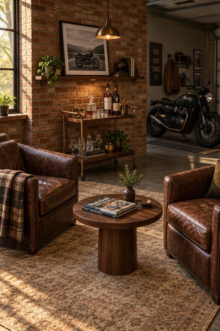 10 Cool Motorcycle Man Cave Ideas That Feel Like a Ride 2 Two brown leather club chairs and a wooden bar cart on a brick wall with a motorcycle in the background and a wool rug defining the lounge area.
