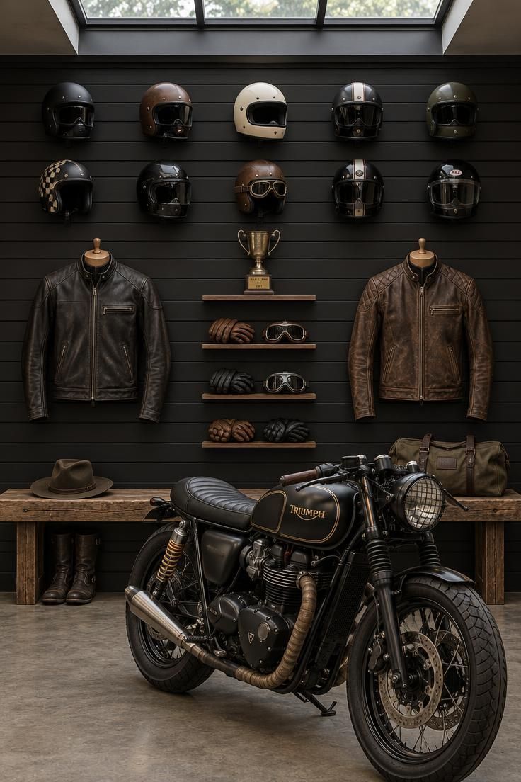 10 Cool Motorcycle Man Cave Ideas That Feel Like a Ride 4 A black slat wall holding helmets, leather jackets, and shelves of gloves with a motorcycle parked in front and a wooden bench at the base.