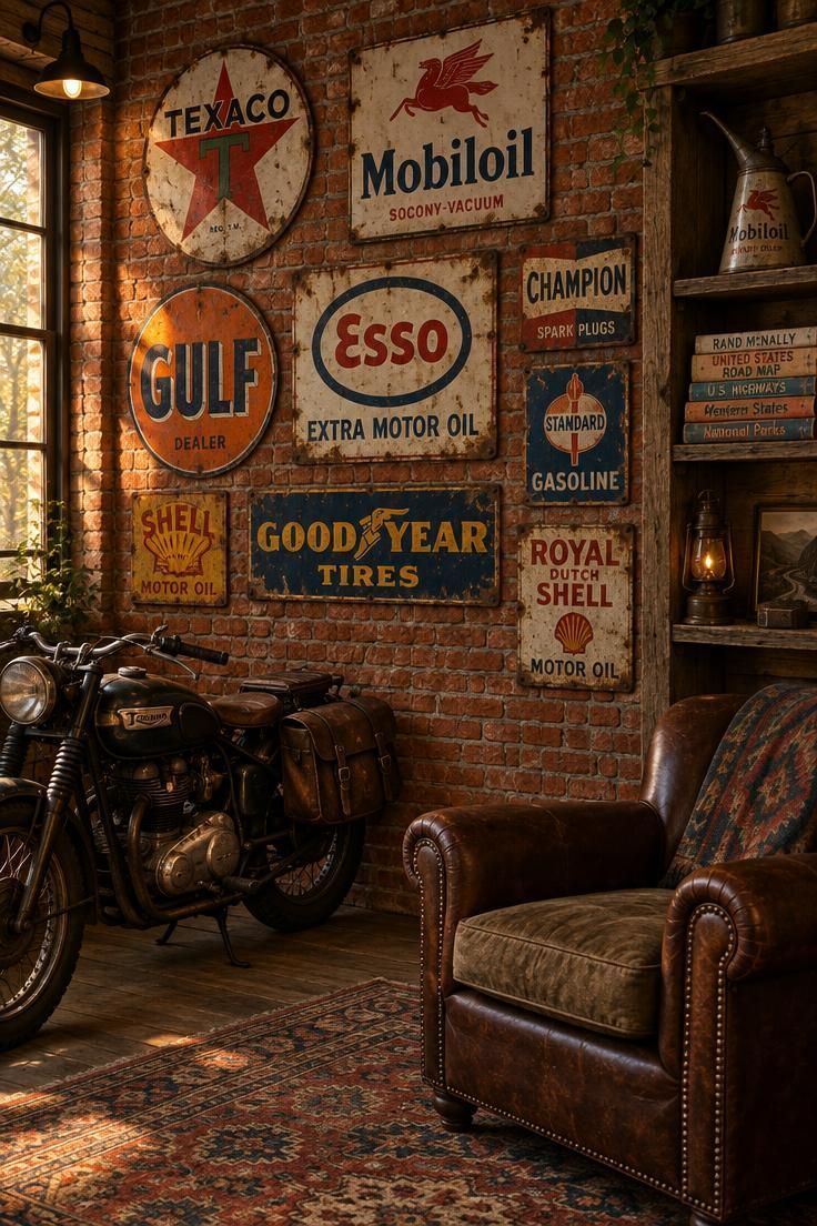 10 Cool Motorcycle Man Cave Ideas That Feel Like a Ride 5 A weathered brick wall covered with vintage fuel and oil signs in rusty tones with an older motorcycle and worn leather chair nearby on a faded rug.