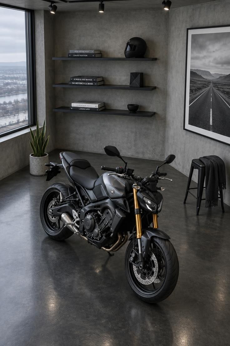 10 Cool Motorcycle Man Cave Ideas That Feel Like a Ride 6 A modern motorcycle in a room with matte gray concrete-look walls, blackened steel shelves, and a single black metal stool on a dark polished floor.