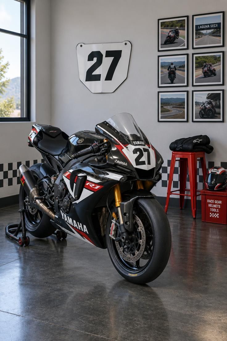 10 Cool Motorcycle Man Cave Ideas That Feel Like a Ride 7 A sportbike with a white racing number plate on the wall behind it, a checkered border along the wall base, and a red metal stool on a dark gray floor.