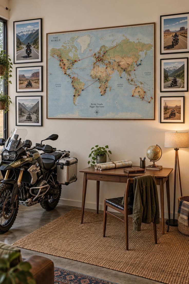 10 Cool Motorcycle Man Cave Ideas That Feel Like a Ride 8 A world map with colored pins and string routes on a wall with framed road photographs, an adventure motorcycle parked below beside a walnut desk with rolled maps.
