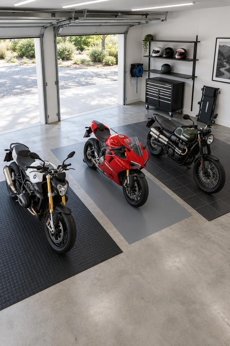 10 Cool Motorcycle Man Cave Ideas That Feel Like a Ride 10 Three motorcycles in a row on different floor treatments, a black mat, a gray painted section, and a dark tile platform, in a white-walled garage.