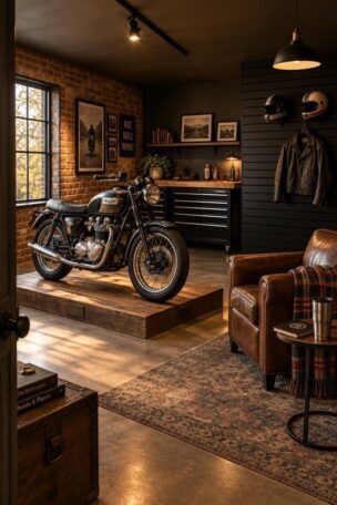 A cozy motorcycle man cave with a vintage bike on a wooden platform, leather club chair, slat wall holding helmets, workbench, and exposed brick under warm layered lighting.
