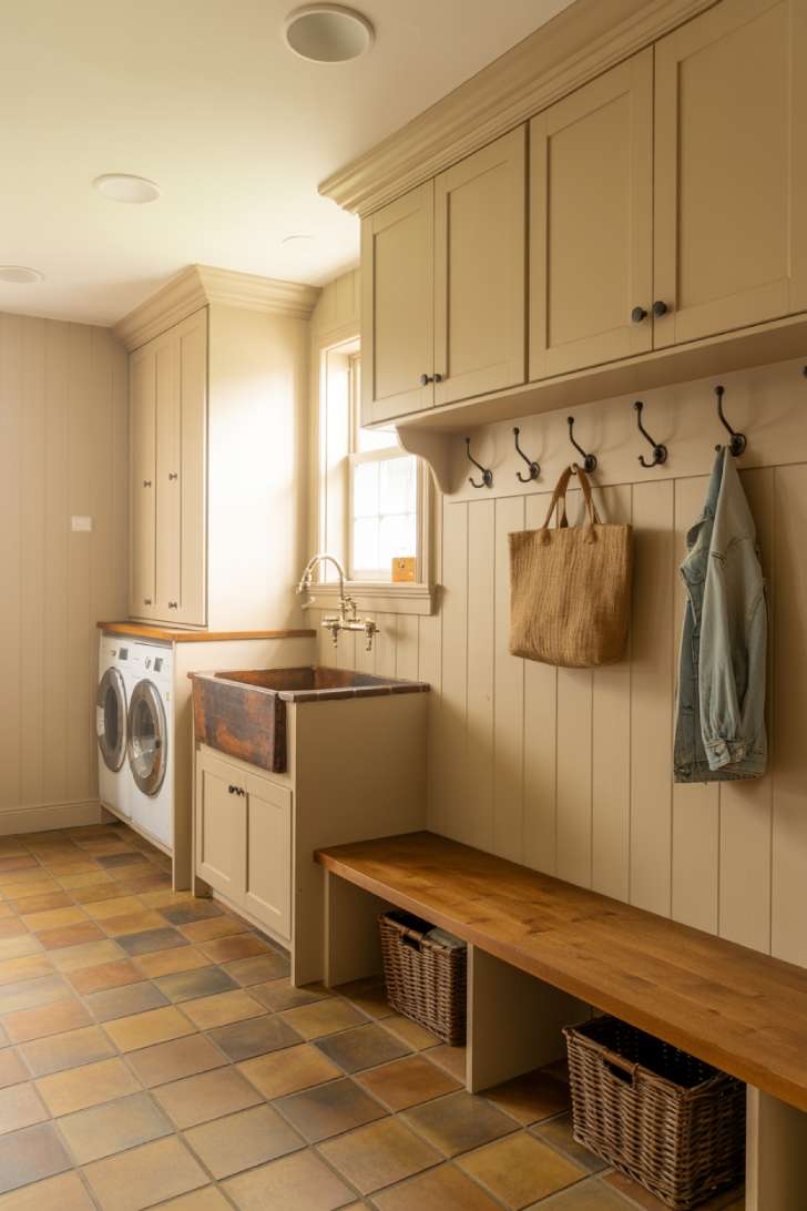 13 Bold Mudroom Laundry Room Ideas for a Stylish Space 1 Farmhouse mudroom laundry room combo with shaker cabinets, farmhouse sink, and wooden bench