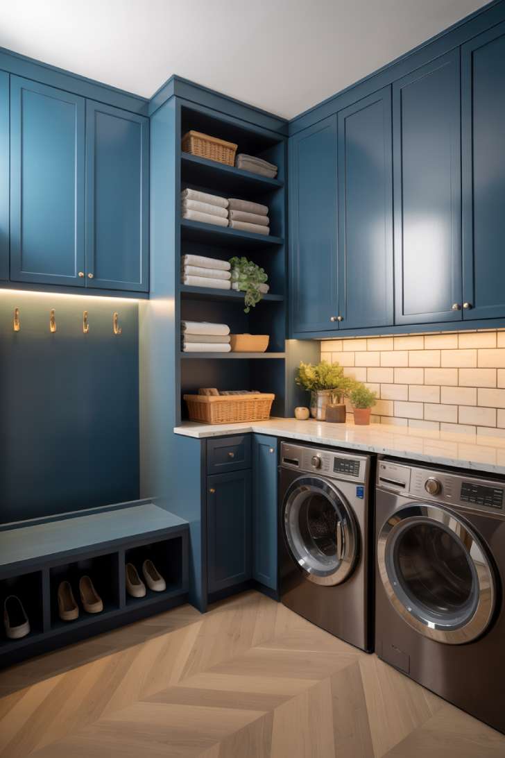 13 Bold Mudroom Laundry Room Ideas for a Stylish Space 10 L-shaped mudroom laundry room with navy cabinetry, corner counter, built-in bench, and herringbone hardwood floor