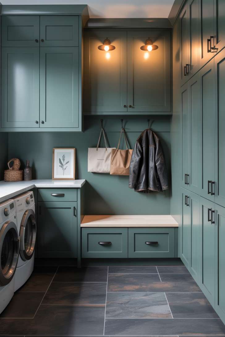13 Bold Mudroom Laundry Room Ideas for a Stylish Space 11 Moody mudroom laundry room with deep forest green cabinetry, matte black hardware, brass sconces, and slate tile floor