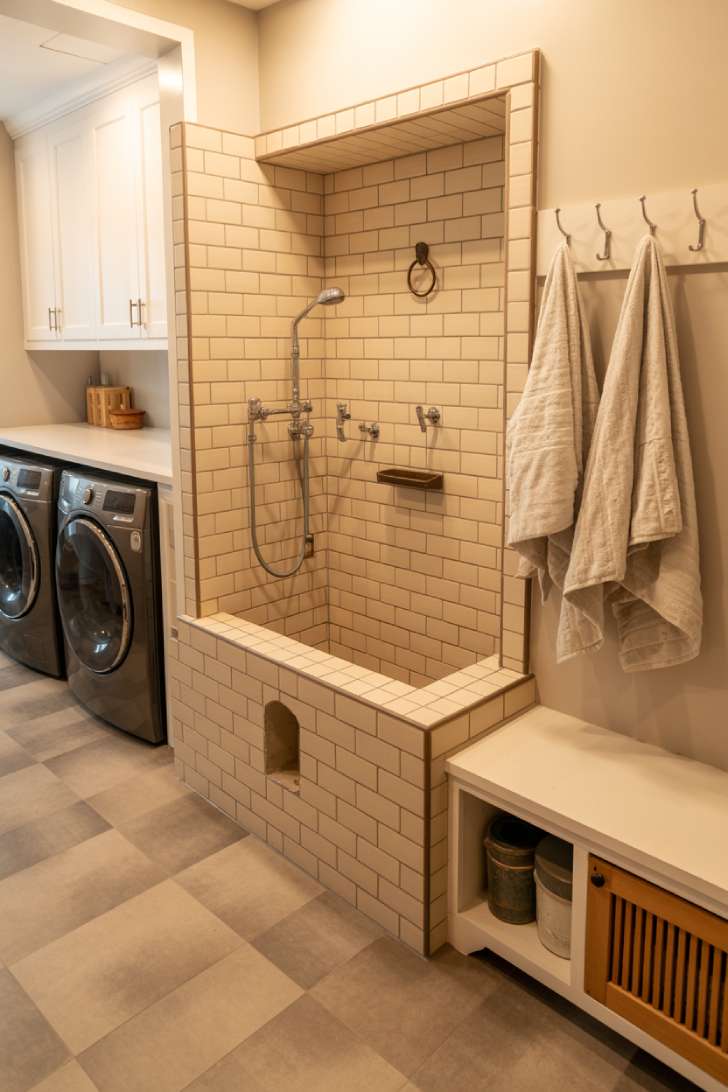 13 Bold Mudroom Laundry Room Ideas for a Stylish Space 12 Mudroom laundry room with built-in raised pet washing station, subway tile niche, and adjacent laundry appliances