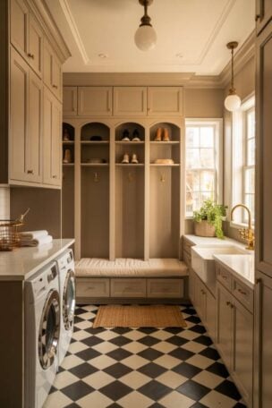 A mudroom laundry room