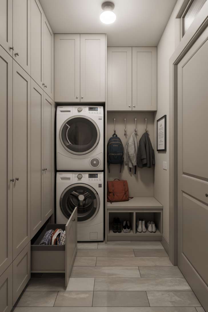 13 Bold Mudroom Laundry Room Ideas for a Stylish Space 2 Small mudroom laundry room with stacked washer and dryer, built-in cubbies, and slim bench