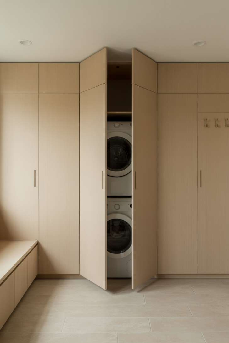 13 Bold Mudroom Laundry Room Ideas for a Stylish Space 4 Minimalist mudroom laundry room with seamless handleless cabinetry and concealed appliances