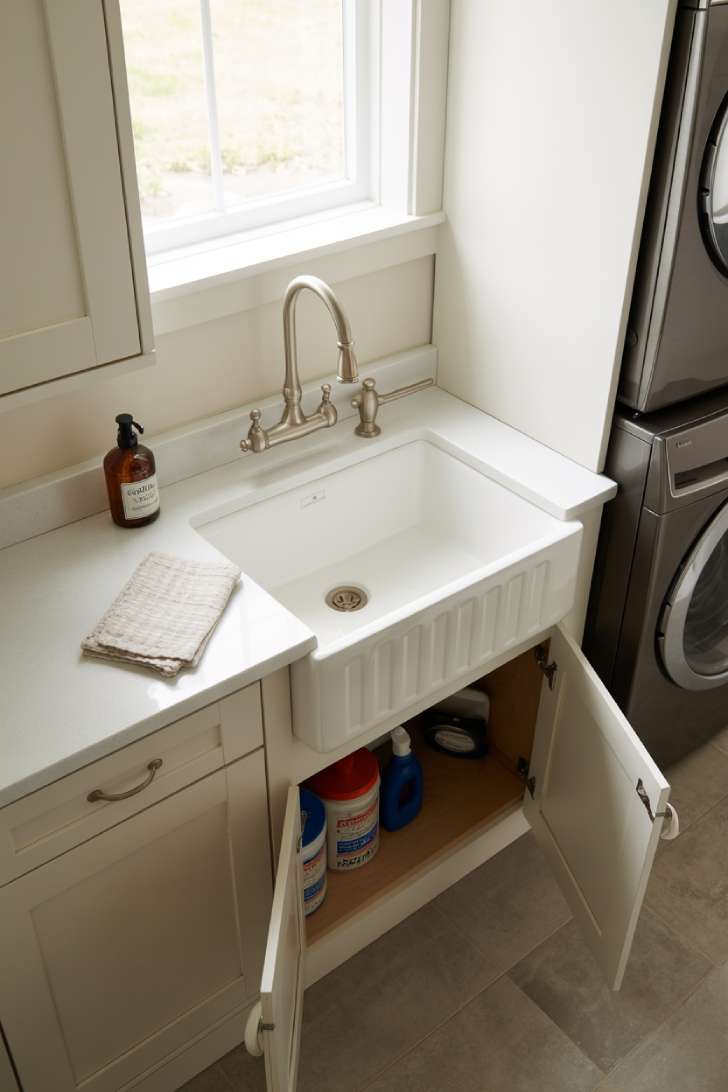 13 Bold Mudroom Laundry Room Ideas for a Stylish Space 9 Deep farmhouse utility sink with wall-mounted faucet, flanking cabinetry, and quartz countertop in a mudroom laundry room