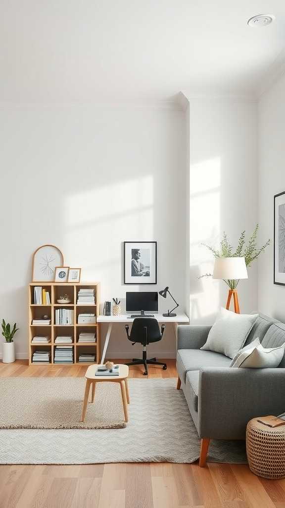 A modern minimalist living room featuring a gray sofa, a wooden shelf with books, and a workspace with a desk and chair.