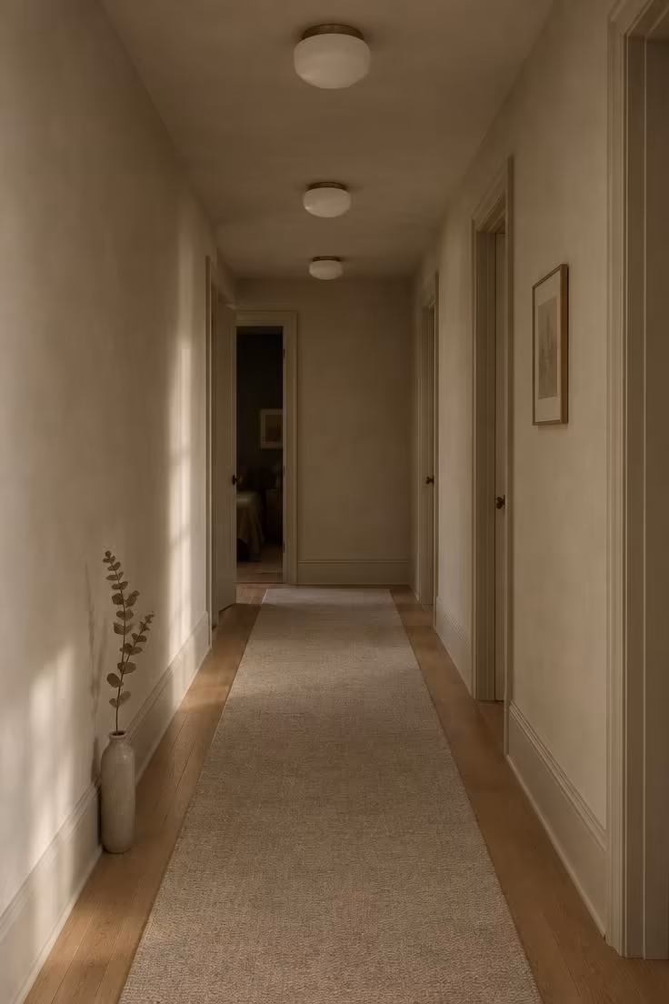 15 Narrow Hallway Ideas That Make Small Spaces Feel Grand 1 A long hallway with walls, trim, and ceiling painted in matching warm greige, a slim oatmeal runner, and three flush ceiling lights.