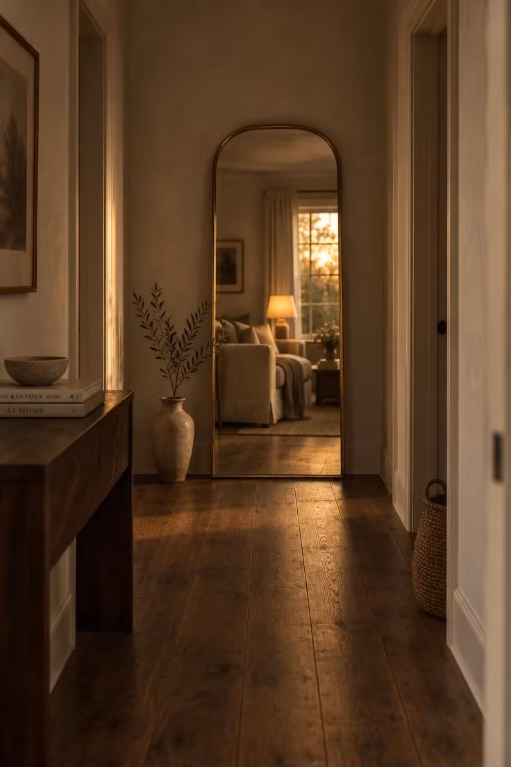 15 Narrow Hallway Ideas That Make Small Spaces Feel Grand 2 A tall arched mirror leaning against the end wall of a narrow corridor, reflecting a warmly lit living room beyond.