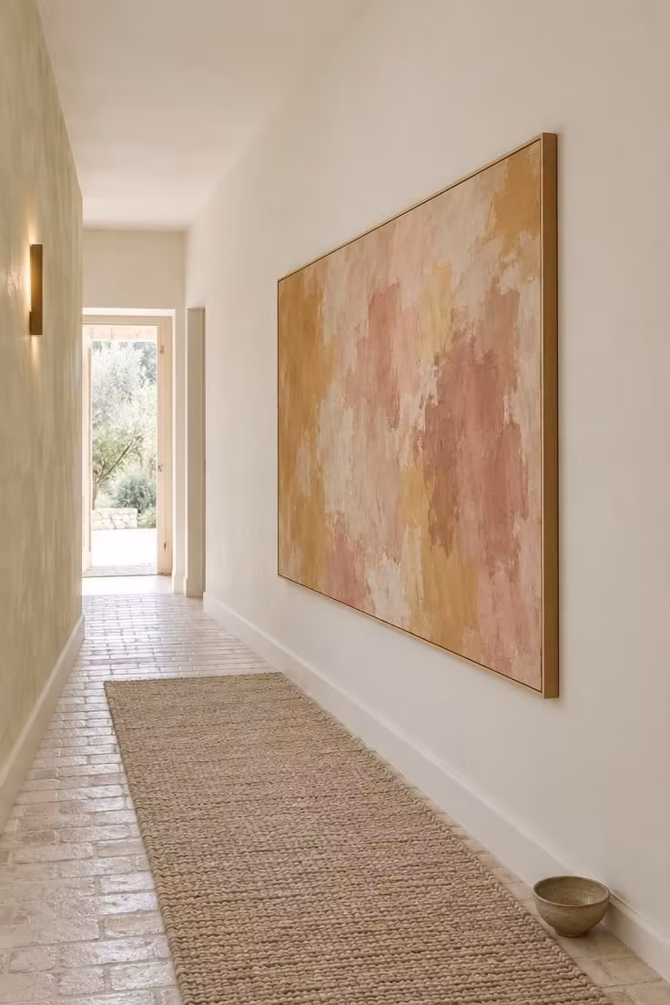 15 Narrow Hallway Ideas That Make Small Spaces Feel Grand 3 A large abstract canvas centered on a long hallway wall with its lower edge near the top of a woven runner.