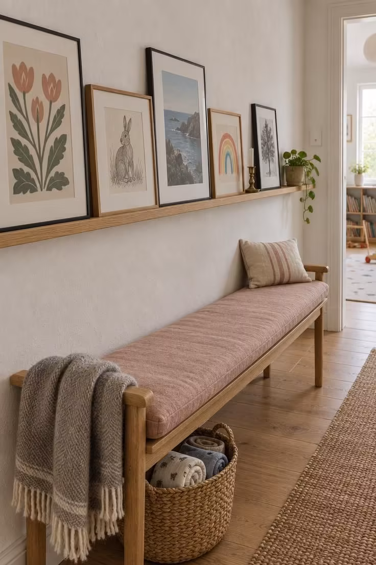 15 Narrow Hallway Ideas That Make Small Spaces Feel Grand 4 A slim oak picture ledge running the length of a hallway wall above a low bench with overlapping framed prints.