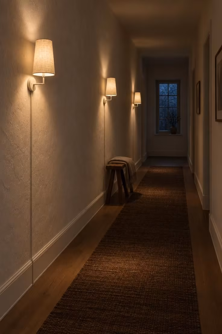 15 Narrow Hallway Ideas That Make Small Spaces Feel Grand 5 Three matching plug-in wall sconces spaced at even intervals along one hallway wall, each casting a warm pool of light.