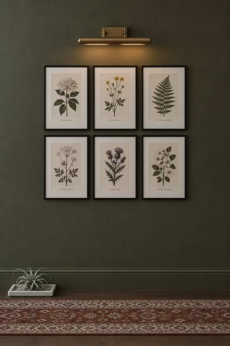 15 Narrow Hallway Ideas That Make Small Spaces Feel Grand 6 A tight grid of six identical black-framed botanical prints arranged on a deep olive hallway wall.