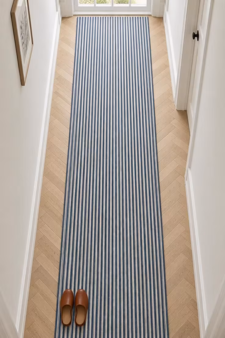 15 Narrow Hallway Ideas That Make Small Spaces Feel Grand 7 An overhead view of a navy and cream striped runner running the length of a hallway with visible flooring on both sides.