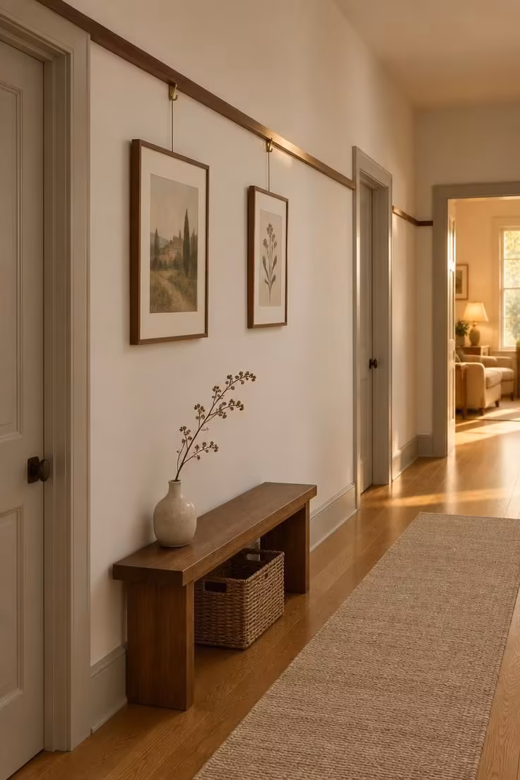 15 Narrow Hallway Ideas That Make Small Spaces Feel Grand 8 A slim dark walnut picture rail running continuously above door casings in a hallway with framed prints hung below.