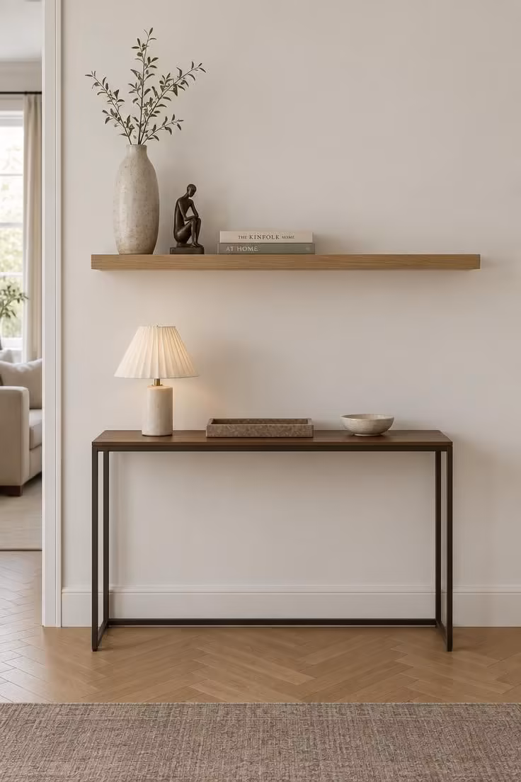 15 Narrow Hallway Ideas That Make Small Spaces Feel Grand 10 A shallow floating shelf with a few small objects above a slim console table topped with a tray and small lamp.