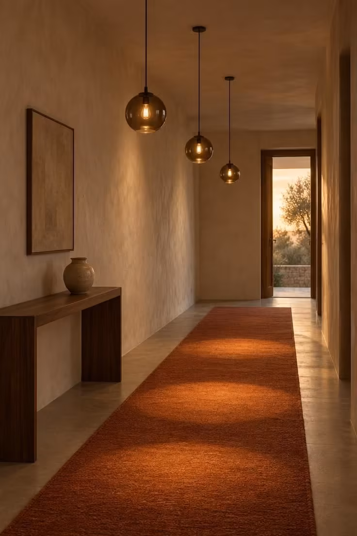 15 Narrow Hallway Ideas That Make Small Spaces Feel Grand 12 Three small smoked glass globe pendants hung at identical heights above a corridor runner.