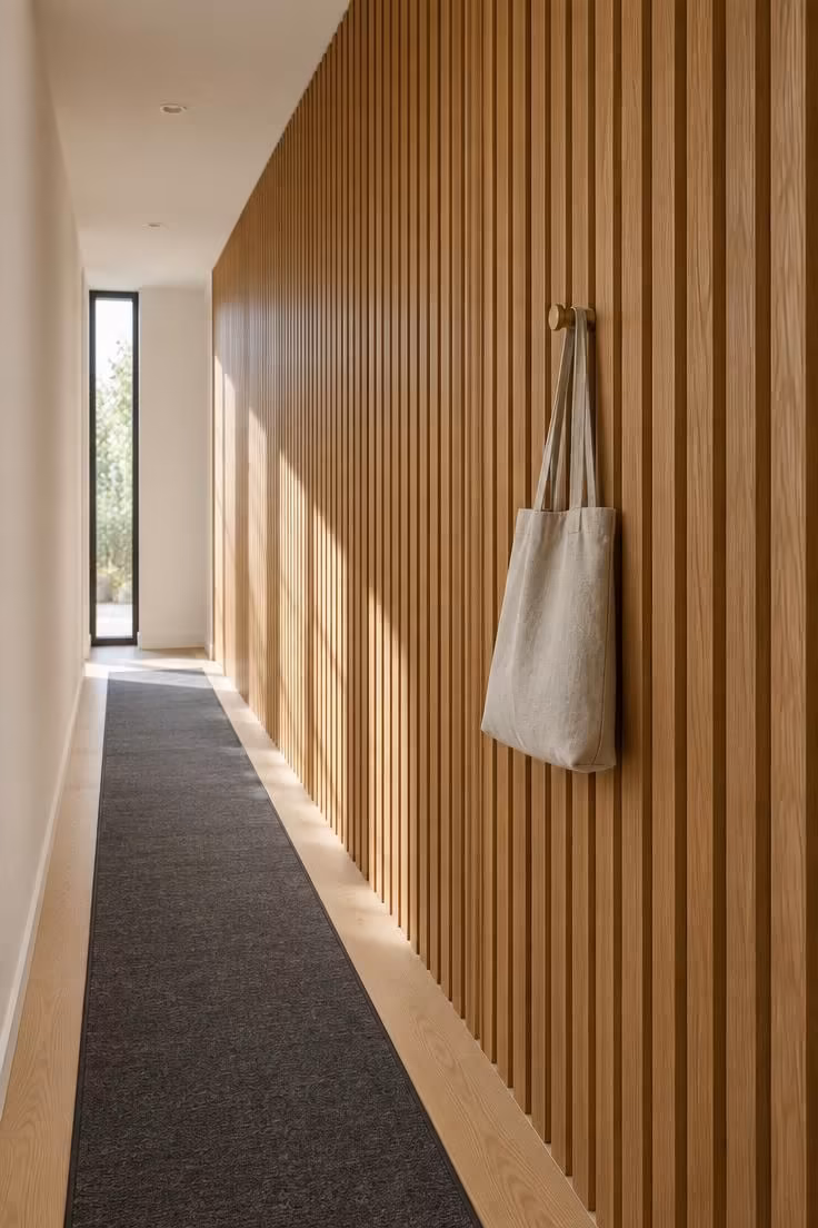 15 Narrow Hallway Ideas That Make Small Spaces Feel Grand 13 A floor-to-ceiling screen of vertical narrow oak slats along one wall of a narrow corridor.