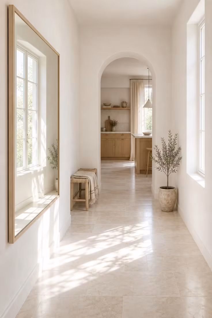 15 Narrow Hallway Ideas That Make Small Spaces Feel Grand 14 A wide rectangular mirror in a pale oak frame reflecting a bright window on the opposite wall of a corridor.
