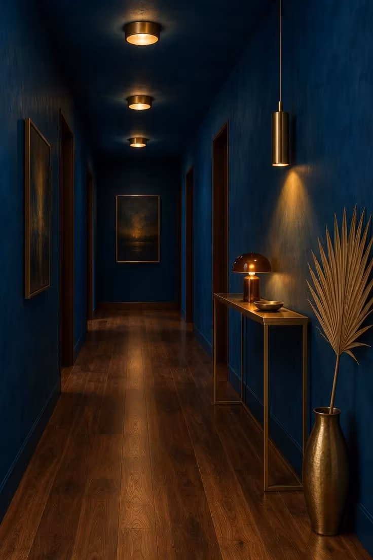 15 Narrow Hallway Ideas That Make Small Spaces Feel Grand 15 A hallway with deep peacock blue matte walls, aged brass lighting, and warm walnut flooring.