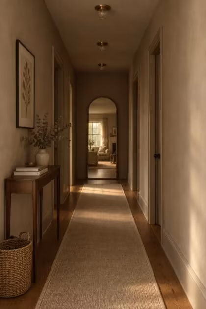 15 Narrow Hallway Ideas That Make Small Spaces Feel Grand A narrow hallway with warm greige walls, a leaning arched mirror at the end, a slim runner, and small brass flush lights overhead.